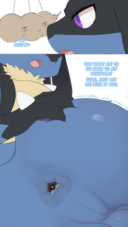 2_panel_comic anthro anus backsack balls blue_body blue_fur butt butt_focus fur genitals hand_on_butt hand_on_own_butt male mind_control object_in_ass penetration perineal_raphe perineum pokeball pokeball_insertion presenting presenting_anus purple_eyes pushing_toy_out raphe_(anatomy) sex_toy simple_coloring solo text raviolimochi nintendo pokemon generation_4_pokemon lucario pokemon_(species) absurd_res english_text hi_res