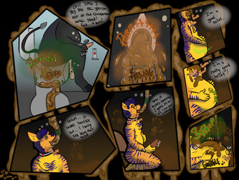 anthro bloated duo eating_feces fart feces feces_in_mouth feeding_tube inflation male male/male medical_instrument restraints scat_inflation scatplay scientific_instrument text toilet tekothedino loof bovid bovine canid canine canis cattle domestic_dog mammal 4:3 comic english_text hi_res