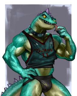 abs anthro bodily_fluids bulge clothing collar facial_piercing forked_tongue front_view green_body green_scales head_spikes lip_piercing male muscular muscular_anthro muscular_male pecs piercing saliva scales sharp_teeth shirt spiked_tail spikes spikes_(anatomy) standing tail tank_top teeth tongue tongue_out topwear torn_jockstrap yellow_eyes dagantfus goat_(movie) sony_corporation sony_pictures modo_olachenko komodo_dragon lizard monitor_lizard reptile scalie 4:5 hi_res
