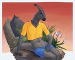 anthro bottomwear brown_body clothing crop_top detailed_background flower looking_at_viewer male plant purple_eyes shirt shorts sitting solo topwear asurii callum_(zagz) dinosaur hadrosaurid ornithischian ornithopod parasaurolophus prehistoric_species reptile scalie absurd_res hi_res