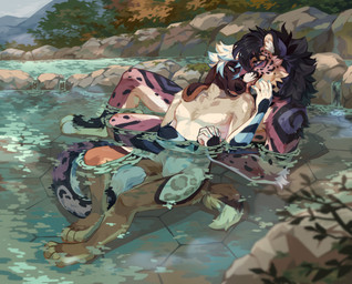 anthro black_body black_fur black_hair black_nose blue_body blue_eyes blue_fur brown_body brown_fur cheek_tuft duo facial_tuft featureless_crotch fur hair licking licking_another male markings multicolored_body multicolored_fur nude open_mouth outside partially_submerged pupils purple_eyes red_body red_fur spots spotted_legs spotted_markings spotted_tail tail tail_markings tan_body tan_fur tongue tongue_out tuft water white_body white_fur white_hair white_pupils corzh77 canid canine canis domestic_dog felid mammal hi_res