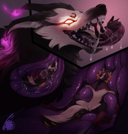 anthro bodily_fluids duo fire fur glowing glowing_eyes internal logo male male/male male_pred male_prey oral_vore orange_body orange_fur saliva sharp_teeth swallowing tail teeth vore white_body white_fur zeanlain flynn_(zeanlain) canid canine fox mammal artist_logo colored hi_res