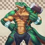 abs anthro armor athletic baldric bandage belt biceps big_muscles biped brown_body brown_skin bulge clothed clothing fangs green_body green_skin grin hammer looking_at_viewer male muscular muscular_anthro muscular_male navel pecs red_eyes scales skimpy sledgehammer smile solo standing tail teeth tools topless vein weapon urakata5x crocodile crocodilian reptile scalie 1:1 hi_res