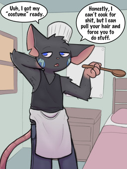 anthro bedroom blue_eyes bottomwear chef_hat clothing costume denim denim_bottomwear denim_clothing dialogue dirty_talk hat headgear headwear jeans male pants shirt tank_top text topwear milachu92 disney pixar ratatouille milochu remy_(ratatouille) mammal murid murine rat rodent 3:4 absurd_res english_text hi_res