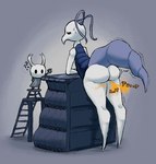 big_butt bodily_fluids butt cabinet duo fart fart_cloud female furniture grey_background leaning leaning_forward onomatopoeia question_mark simple_background sound_effects standing stool sweat text jubb hollow_knight team_cherry iselda_(hollow_knight) the_knight_(hollow_knight) arthropod vessel_(species) 2020 digital_media_(artwork) signature