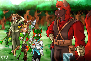 age_difference anthro armor arrow_(weapon) biped black_body black_bottomwear black_clothing black_countershading black_hair black_pants bottomwear bow_(weapon) brown_body brown_fur closed_smile clothed clothing countershade_face countershade_torso countershading eyewear forest fur glasses green_body green_bottomwear green_clothing green_eyes green_fur green_pants green_topwear green_vest group hair hammer hand_wraps head_tuft holding_bow_(weapon) holding_hammer holding_melee_weapon holding_object holding_polearm holding_ranged_weapon holding_spear holding_staff holding_tool holding_warhammer holding_weapon larger_male looking_at_another male melee_weapon mouth_closed older_male open_mouth pants pink_nose plant polearm quiver_(object) ranged_weapon red_body red_fur reverse_countershading round_glasses shirt size_difference smaller_male smile spear staff tan_body tan_countershading tan_fur teeth tongue tools topwear tree tuft vest walking warhammer weapon wearing_glasses white_clothing white_shirt white_topwear wraps young young_anthro young_male younger_male syaokitty blaze_wolf jesse_cat magma_wolf tenyo_cat canid canine canis domestic_cat felid feline felis mammal wolf 2026 hi_res brother_(lore) brothers_(lore) father_(lore) father_and_child_(lore) father_and_son_(lore) parent_(lore) parent_and_child_(lore) parent_and_son_(lore) sibling_(lore) son_(lore)