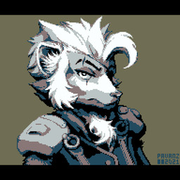 ambiguous_gender angry anthro armor cheek_tuft chest_tuft ear_tuft eye_patch eye_scar eyebrow_scar eyebrows eyewear facial_scar facial_tuft fur grey_body grey_eyes grey_fur hair messy_hair pauldron scar short_hair simple_background snout solo tuft white_hair pavanz unnamed_character 1:1 2021 bust_portrait detailed digital_media_(artwork) low_res pixel_(artwork) portrait watermark