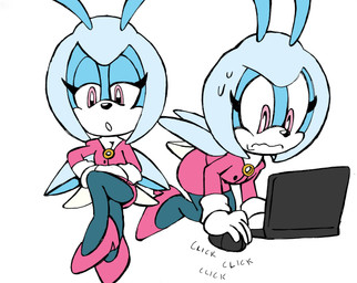 antennae_(anatomy) anthro black_clothing black_leggings black_legwear black_nose blue_body bottomwear breasts brooch closed_frown clothing computer computer_mouse crossed_legs electronics eyelashes female female_anthro footwear front_view frown gloves half-closed_eyes handwear headgear headwear high_heels insect_wings kneeling laptop leggings legwear long_eyelashes looking_down mouth_closed narrowed_eyes onomatopoeia open_mouth pink_bottomwear pink_clothing pink_eyes pink_footwear pink_high_heels pink_skirt pink_topwear shoes side_view simple_background sitting skirt small_breasts solo sound_effects text topwear white_background white_clothing white_gloves white_handwear wings cosmicseternity idw_publishing sega sonic_the_hedgehog_(comics) sonic_the_hedgehog_(idw) sonic_the_hedgehog_(series) jewel_the_beetle arthropod beetle insect 2026 absurd_res colored_sketch hi_res multiple_images sketch widescreen