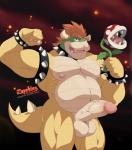 2_horns anthro balls big_penis biped collar erection flexing genitals hair horn humanoid_genitalia humanoid_penis looking_at_viewer male musclegut muscular muscular_anthro muscular_male nipples nude open_mouth overweight overweight_anthro overweight_male penis smile solo standing vein zapphier mario_bros nintendo bowser koopa scalie hi_res