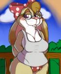 anthro big_breasts bow_(feature) breasts buckteeth cleavage clothed clothing eyebrows eyelashes eyewear female freckles glasses outside panties partially_clothed shirt slightly_chubby solo tank_top teeth thick_thighs topwear underwear wide_hips rachellebun rachelle lagomorph leporid mammal rabbit 5:6 absurd_res hi_res