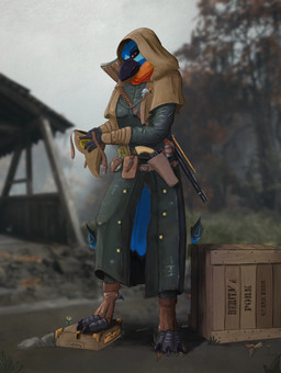 3_toes animal_mask anthro beak beak_mask blurred_background box claws clothed clothed_anthro clothed_female clothing container crate feathers feet female female_anthro furgonomics gun handgun leather leather_clothing mask pistol pistol_holster plague_doctor pouch_(clothing) ranged_weapon rifle solo talons toe_claws toes weapon wild_west sekhburd hunt_showdown seljhet avian bird coraciiform motmot trinidad_motmot absurd_res hi_res herm_(lore) intersex_(lore)