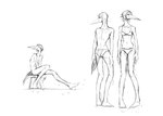 anthro bra breasts clothed clothing female long_beak navel nipples non-mammal_breasts non-mammal_navel non-mammal_nipples nude panties sitting_on_stool slim small_breasts solo topless topless_female underwear hladilnik avian bird stork 2025 hi_res monochrome sketch