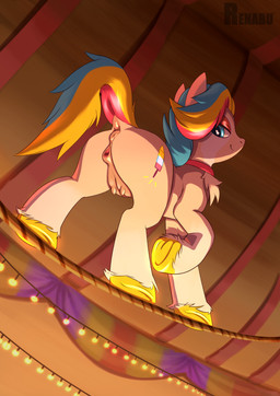 animal_genitalia animal_vulva anus blue_eyes butt collar cutie_mark equine_genitalia equine_vulva female feral genitals hair hooves inside lights looking_back multicolored_hair red_collar rope smile solo teats tightrope underhoof vulva renabu hasbro my_little_pony equid equine horse mammal hi_res