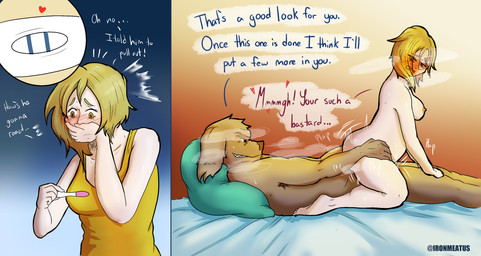 age_difference anthro anthro_penetrating anthro_penetrating_female anthro_penetrating_human bed blonde_hair bodily_fluids breasts breeding_kink brown_body brown_fur dialogue dirty_talk duo female female_human female_on_anthro fur furniture hair human_on_anthro human_penetrated impregnation interspecies interspecies_impregnation male male/female musk on_bottom on_top penetration pregnant pregnant_female pregnant_human pregnant_sex reverse_cowgirl_position sex sweat text ironmeatus canid canine human mammal absurd_res comic english_text hi_res translated