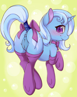accessory anus blue_body blue_fur blush bow_(feature) bow_accessory bow_ribbon butt clothing collar cutie_mark female feral fur furgonomics genitals hair horn legwear looking_at_viewer purple_eyes ribbons smile solo tail tail_accessory tail_bow tail_ribbon tail_wraps thigh_highs vulva wraps fearingfun friendship_is_magic hasbro my_little_pony mythology trixie_(mlp) equid equine mammal mythological_creature mythological_equine unicorn 2016 4:5 absurd_res digital_media_(artwork) hi_res