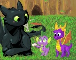 black_body blush fanboy feral green_eyes group heart_symbol male membrane_(anatomy) membranous_wings question_mark tail wings raiilynezz activision dreamworks european_mythology friendship_is_magic hasbro how_to_train_your_dragon my_little_pony mythology spyro_the_dragon spike_(mlp) spyro toothless dragon fish fury_(httyd) marine mythological_creature mythological_scalie night_fury scalie western_dragon 5:4 crossover