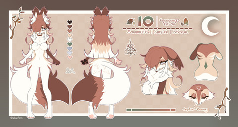 3_toes 4_fingers anthro back_markings bangs bedroom_eyes biped branch breasts brown_body brown_fur brown_hair butt_tuft choker claws crescent_moon dipstick_tail ear_piercing ear_ring ears_down eyebrows eyelashes eyes_closed facial_markings facial_piercing facial_tuft featureless_breasts featureless_crotch feet female female_anthro fingers fluffy fluffy_tail forehead_markings front_view fungus fur fur_markings hair hair_over_eye head_markings heart_symbol herbs hip_tuft inner_ear_fluff jewelry leaf long_bangs long_hair looking_at_viewer markings medium_breasts moon multicolored_body multicolored_fur multicolored_hair mushroom narrowed_eyes navel neck_tuft necklace nose_piercing nose_ring nude nude_anthro nude_female one_eye_obstructed pawpads piercing pivoted_ears pose pupils rear_view ring_piercing seductive solo tail tail_markings text toe_claws toes tuft white_body white_fur white_hair white_pupils wistfern io_(wistfern) canid canine fox hybrid mammal rodent sciurid tree_squirrel 2026 artist_name bust_portrait character_name colored english_text full-length_portrait hi_res model_sheet portrait signature