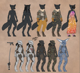 4_toes 5_fingers anthro areola armor biped black_body black_fur black_hair black_nipples black_vulva boots breasts claws clothed clothing digitigrade dress eyewear feet female finger_claws fingers footwear fully_clothed fur furgonomics gambeson genitals glasses gloves group gun hair handwear headgear helmet melee_weapon nipples nude off/on paws ranged_weapon shoes solo_focus sword toe_claws toes vulva weapon wraps blokfort canid canine fox mammal 2021 digital_media_(artwork) full-length_portrait model_sheet portrait signature