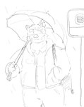 anthro backpack bottomwear bus_stop clothing hoodie kemono male outside overweight overweight_male pants raining shirt solo topwear umbrella youzo3322 knights_college hermann_(knights_college) mammal suid suina sus_(pig) wild_boar hi_res monochrome sketch