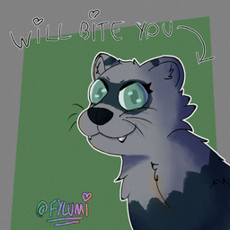 angry blue_body blue_fur devious_grin fangs female feral fur green_eyes grey_body simple_background snout solo teeth text whiskers conditional_dnp fylumi femlumi_(fylumi) domestic_ferret mammal mustelid musteline true_musteline weasel 1:1 hi_res