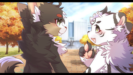anthro big_eyes biped black_bars black_body black_fur brown_body brown_fur cute_fangs duo fangs fur green_eyes kemono male slim_anthro slim_male teeth white_body white_fur yellow_eyes hlg7777 canid canine canis felid mammal pantherine tiger wolf 2020 letterbox
