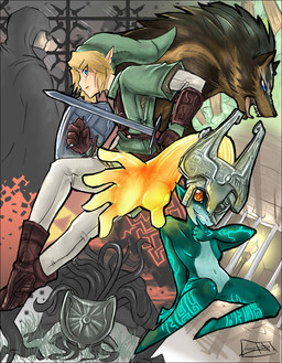 blonde_hair blue_eyes clothing detailed_background fangs female feral fur fused_shadow grin group hair hair_hand headgear headwear holding_melee_weapon holding_object holding_sword holding_weapon humanoid_pointy_ears hylian_shield male male_human melee_weapon pointy_ears red_eyes seductive shield smile square_crossover sword teeth weapon yellow_sclera syberfox nintendo the_legend_of_zelda twilight_princess link link_(wolf_form) midna canid canine canis human humanoid hylian mammal twili wolf