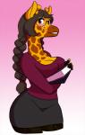 anthro biped blue_eyes blush book bottomwear braided_hair breast_squish breasts brown_hair cleavage clothed clothing eyewear female fur glasses hair horn legwear ossicone simple_background skirt smile solo squish stockings teeth yellow_body yellow_fur ethriol crosoe_(xial) giraffe giraffid mammal hi_res