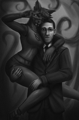 abstract_background anthro blep breasts clothing duo female footwear gesture hair hand_gesture holding_another looking_at_viewer male male/female midriff notched_ear null_symbol shoes suit tongue tongue_out v_sign whiskers taumaturg-iv h._p._lovecraft night_in_the_woods mae_borowski domestic_cat felid feline felis human mammal hi_res monochrome