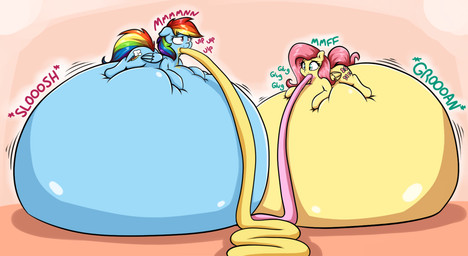 belly big_belly blue_body blue_feathers blue_fur cutie_mark duo feathered_wings feathers female feral fur hair hooves huge_belly hyper hyper_belly inflation long_hair lying_on_self multicolored_hair multicolored_tail overweight pink_hair rainbow_hair rainbow_tail resting_on_belly simple_background sound_effects tail text wings yellow_body yellow_fur graphene friendship_is_magic hasbro my_little_pony mythology fluttershy_(mlp) rainbow_dash_(mlp) equid equine mammal mythological_creature mythological_equine pegasus 2015 english_text