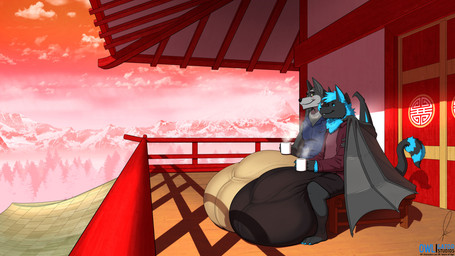 anthro balls barefoot big_balls big_bulge big_penis bulge cloud duo feet floor forest genitals hot_drink huge_balls huge_bulge huge_penis hyper hyper_balls hyper_bulge hyper_genitalia hyper_penis japanese_architecture male mountain_range penis plant plantigrade smile tree wings wood wood_floor owligatorstudios canid canine hybrid mammal 16:9 2024 hi_res widescreen