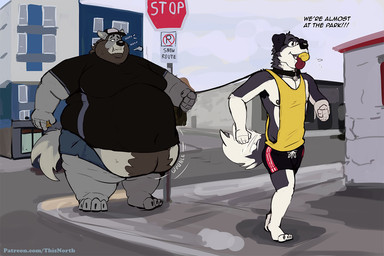 anthro ball_in_mouth bdsm beard belly belly_overhang belly_peek big_belly big_moobs body_hair bottomwear clothing collar duo facial_hair fluffy fluffy_tail happy_trail male moobs navel_outline out_of_breath outside overweight overweight_male petplay puppyplay road roleplay shirt shorts slim_male smile stop_sign tail tail_motion tailwag tank_top text topwear walking weight_difference tcw canid canine canis domestic_dog mammal wolf 3:2 english_text url