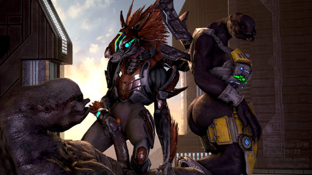 3_fingers anthro anthro_on_top arm_feathers arm_tuft armor being_watched big_butt blue_eyes bottomless bottomless_anthro bottomless_female butt clothed clothed/nude clothing duo_focus erection face_covered feather_hair feathered_crest feathers female female_anthro female_on_top fingers flat_chested genitals glowing glowing_eyes grey_body group hand_on_penis head_crest headgear helmet humanoid_genitalia humanoid_penis imminent_sex larger_male looking_at_another male male/female male_on_anthro male_on_bottom mandibles nude nude_male on_bottom on_top penis pseudo_hair pubes red_body red_feathers size_difference smaller_anthro smaller_female trio tuft voyeur pompilus-sfm halo_(series) microsoft xbox_game_studios alien avian kig-yar sangheili scalie t'vaoan 16:9 3d_(artwork) 4k absurd_res colored digital_media_(artwork) hi_res widescreen