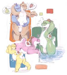 anthro balls belly belly_grab belly_overhang belly_squeeze belly_squish big_butt butt chubby_cheeks flaccid food foreskin fruit genitals humanoid_genitalia humanoid_penis kiss_on_belly kissing male male/male navel navel_kiss nude pear penis plant simple_background slightly_chubby slightly_chubby_male squish strawberry thick_thighs unretracted_foreskin water wide_hips halo-pano mario_bros nintendo blue_yoshi green_yoshi orange_yoshi pink_yoshi yellow_yoshi yoshi 2026 absurd_res hi_res