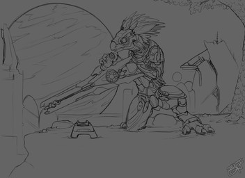 3_fingers 3_toes anthro arm_feathers arm_tuft beak digitigrade feather_hair feathered_crest feathers feet fingers focus_rifle full_armor gun head_crest holding_gun holding_object holding_ranged_weapon holding_weapon kneeling levitation male moon plant pseudo_hair ranged_weapon rangefinder scope sniper solo toes tree tuft weapon benji_(artist) halo_(series) microsoft xbox_game_studios alien avian kig-yar scalie t'vaoan hi_res monochrome sketch