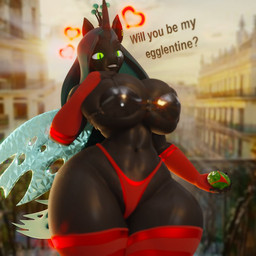 anthro armwear big_breasts black_body black_scales bra breasts changeling_egg clothing depth_of_field ear_piercing egg elbow_gloves female fingerless_gloves gloves green_eyes handwear heart_symbol insect_wings legwear looking_at_viewer metal_bra panties piercing pupils red_armwear red_clothing red_elbow_gloves red_gloves red_handwear red_legwear red_panties red_stockings red_underwear scales slit_pupils solo stockings text thick_thighs underwear wide_hips wings xlkev friendship_is_magic hasbro my_little_pony queen_chrysalis_(mlp) changeling_(mlp) 1:1 3d_(artwork) digital_media_(artwork) english_text