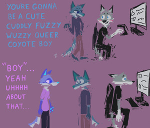 anthro black_clothing black_shirt black_t-shirt black_topwear blue_body blue_fur clone clothing computer dialogue electronics female fur grey_body grey_fur group homophobic_slur male open_mouth open_smile purple_background shirt simple_background smile t-shirt text topwear trio demensa emil_(demensa) canid canine canis coyote domestic_dog hybrid mammal 2025 comic english_text hi_res