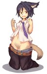 black_hair bodily_fluids bottomwear breasts brown_eyes clothing featureless_crotch female hair kneeling navel necktie open_mouth pants scared shirt short_hair shrinking simple_background size_transformation solo species_transformation tears topwear transformation white_background airotf domestic_cat felid feline felis human mammal 2015 hi_res