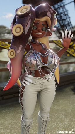 big_breasts black_hair boots bottomwear breasts clothing dark_body dark_skin dipstick_hair ear_piercing eyelashes eyes_closed female footwear front_view gesture hair hand_on_hip huge_breasts humanoid_pointy_ears jewelry long_hair mole_under_mouth navel navel_piercing necklace pants piercing pointy_ears pseudo_hair red_hair shoes silver_bikini smile solo tentacle_hair tentacles thick_thighs waving waving_at_viewer white_boots white_bottomwear white_clothing white_footwear white_pants wide_hips antidotetrl nintendo splatoon marina_(splatoon) animal_humanoid aquatic aquatic_humanoid cephalopod cephalopod_humanoid humanoid mollusk mollusk_humanoid octarian octoling octopus_humanoid 3d_(artwork) digital_media_(artwork) hi_res