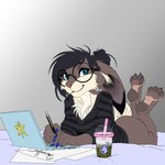 anthro beverage black_hair blue_eyes bottomless bubble_tea butt chest_tuft clothed clothing computer ears_down electronics eyewear feet female glasses hair hair_bun hindpaw laptop large_glasses looking_at_viewer low_cut_shirt lying on_front painted_claws pattern_clothing pawpads paws pivoted_ears round_glasses simple_background solo striped_clothing stripes sweater topwear tuft writing_utensil deerwalker lagomorph leporid mammal rabbit 1:1 flat_colors hi_res