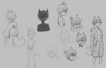 anthro black_nose bottomwear clothed clothing hair hair_over_eye hair_over_eyes hoodie male one_eye_obstructed short_hair shorts smile solo topwear young young_anthro hidden_(artist) ki_orosubi canid canine fox mammal 2019 guide_lines hi_res model_sheet monochrome sketch sketch_page