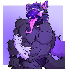 anthro big_muscles biped black_body black_fur boxers_(clothing) bracelet clothing collar_tag ear_piercing fangs flexing flexing_bicep fur gloves handwear jewelry long_tongue looking_at_viewer machine male muscular muscular_anthro muscular_male open_mouth piercing solo teeth tongue tongue_out underwear fernabinho protogen 2025 hi_res