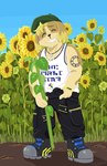 anthro blonde_hair blush boots clothing floppy_ears flower footwear hair hat headgear headwear jewelry male necklace plant shirt shoes slightly_chubby smile solo sunflower tank_top tattoo topwear pekorin0222 lifewonders live_a_hero hisaki_(live_a_hero) canid canine canis domestic_dog mammal hi_res