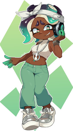 clothed clothing crop_top dark_body dark_skin electronics female grimace headphones kerchief midriff navel navel_piercing not_furry piercing pseudo_hair shirt simple_background solo tentacle_hair tentacles topwear gm_laz nintendo splatoon marina_(splatoon) aquatic cephalopod humanoid mollusk octarian octoling 9:16 hi_res