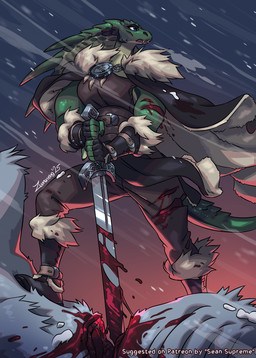 anthro blood bodily_fluids boots breasts cape clothed clothed_anthro clothed_female clothing fangs female footwear green_body green_scales melee_weapon muscular muscular_anthro muscular_female scales shoes snow solo sword teeth weapon wounded zummeng cornelia_(zummeng) cobra reptile scalie snake 2025 hi_res