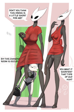 4_fingers 4_toes angry anthro big_penis bikini black_body black_clothing blush bodily_fluids bottomwear breasts clothing covered_breasts cross-popping_vein dialogue duo embarrassed feet femboy fingers flaccid genital_fluids genitals gynomorph intersex intersex/male male nails navel penis precum red_clothing skirt swimwear text toenails toes two-piece_swimsuit vein veiny_penis white_body vexyfursure hollow_knight_(franchise) nine_sols red_candle_games team_cherry hornet_(hollow_knight) yi_(nine_sols) absurd_res english_text hi_res