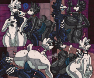 3_fingers 4_fingers abstract_background anal anal_penetration anthro ballerina_position balls big_balls big_butt big_penis black_body black_choker black_eyes black_eyeshadow black_fur black_jewelry black_lipstick black_necklace blue_body blue_eyes blue_fur bodily_fluids bottom_heavy bubble_butt butt choker claws collaborative collaborative_hot_dogging collaborative_sex cum cumshot ejaculation erection eyelashes eyeshadow femboy finger_claws fingers flaccid fluffy fluffy_tail fur genital_fluids genitals glans glistening glistening_body glistening_butt glistening_fur glistening_legs glistening_tail glistening_thighs group group_sex hair hot_dogging huge_butt huge_hips huge_penis huge_thighs humanoid_genitalia humanoid_penis inner_ear_fluff jewelry lipstick makeup male male/male mmm_threesome motion_lines necklace nude nude_anthro nude_male open_mouth open_smile penetration penis red_choker red_jewelry red_necklace scut_tail sex short_hair short_tail smile sweat sweatdrop tail text thick_thighs threesome trio tuft white_body white_fur white_hair wide_hipped_anthro wide_hipped_male wide_hips parasitedeath cozy_heart llama_(parasitedeath) wolf_(parasitedeath) camelid canid canine canis llama mammal skulldog_(species) wolf 2026 absurd_res artist_name graphite_(artwork) hi_res marker_(artwork) signature traditional_media_(artwork)