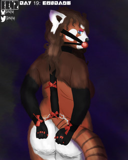 anthro ball_gag bdsm biped bondage bound bow_ribbon colored_nails curly_hair female gag hair looking_back mature_female nails rear_view red_nails slightly_chubby slightly_chubby_female solo benzfur ailurid mammal red_panda 4:5 absurd_res hi_res