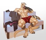 abs anthro biped bodily_fluids bulge claws clothing furniture male muscular muscular_anthro muscular_male nipples saliva simple_background sitting sofa solo tail toe_claws tongue tongue_out underwear white_body edvardiko scalie absurd_res hi_res