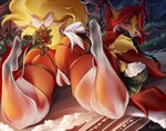 2022 anthro big_breasts blue_eyes bra breasts bunnywhiskerz butt canid canine christmas clothed clothing delphox detailed_background facial_tuft female fur generation_6_pokemon genitals hi_res holidays holly_(plant) inner_ear_fluff legwear legwear_webbing_toes looking_at_viewer looking_back mammal mistletoe multicolored_body nintendo plant pokemon pokemon_(species) pussy red_body red_fur red_inner_ear_fluff red_pussy solo topwear translucent translucent_clothing translucent_legwear tuft underwear white_body white_clothing white_fur white_legwear yellow_body yellow_fur