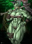 abs axe battle_axe big_breasts blood bodily_fluids braided_hair breasts claws cleavage clothed clothing female forest hair melee_weapon muscular muscular_female muscular_humanoid not_furry plant solo spikes tree weapon wraps yellow_eyes osmar-shotgun humanoid orc absurd_res hi_res